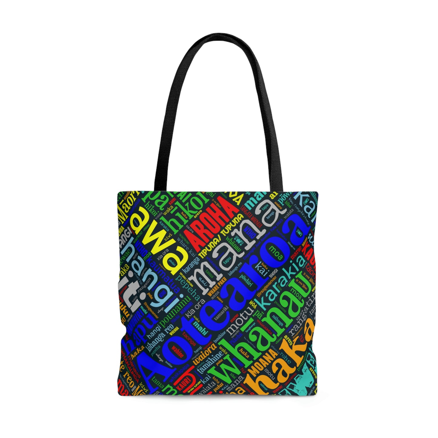 Rainbow Black Māori Word Art Tote Bag