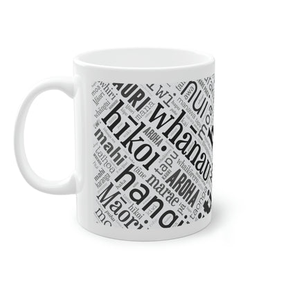 White Māori Word Art Mug