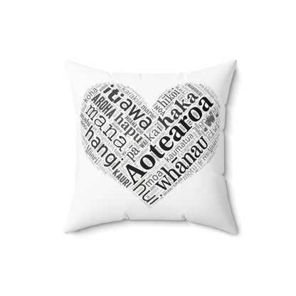 White Māori Word Art Heart Square Pillow