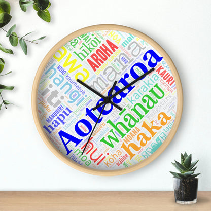 Rainbow Māori Word Art Heart Wall clock