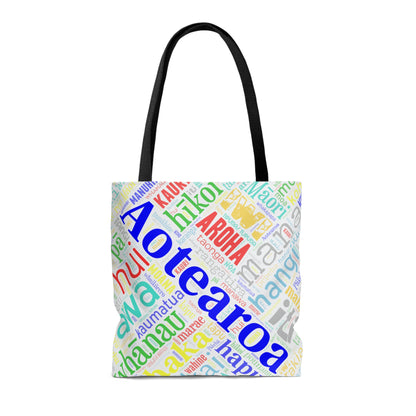 Rainbow White Māori Word Art Tote Bag