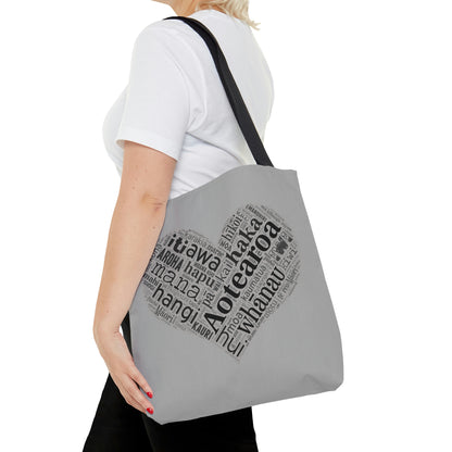 Grey Māori Word Art Heart Tote Bag