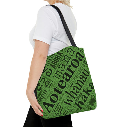 Green Māori Word Art Tote Bag