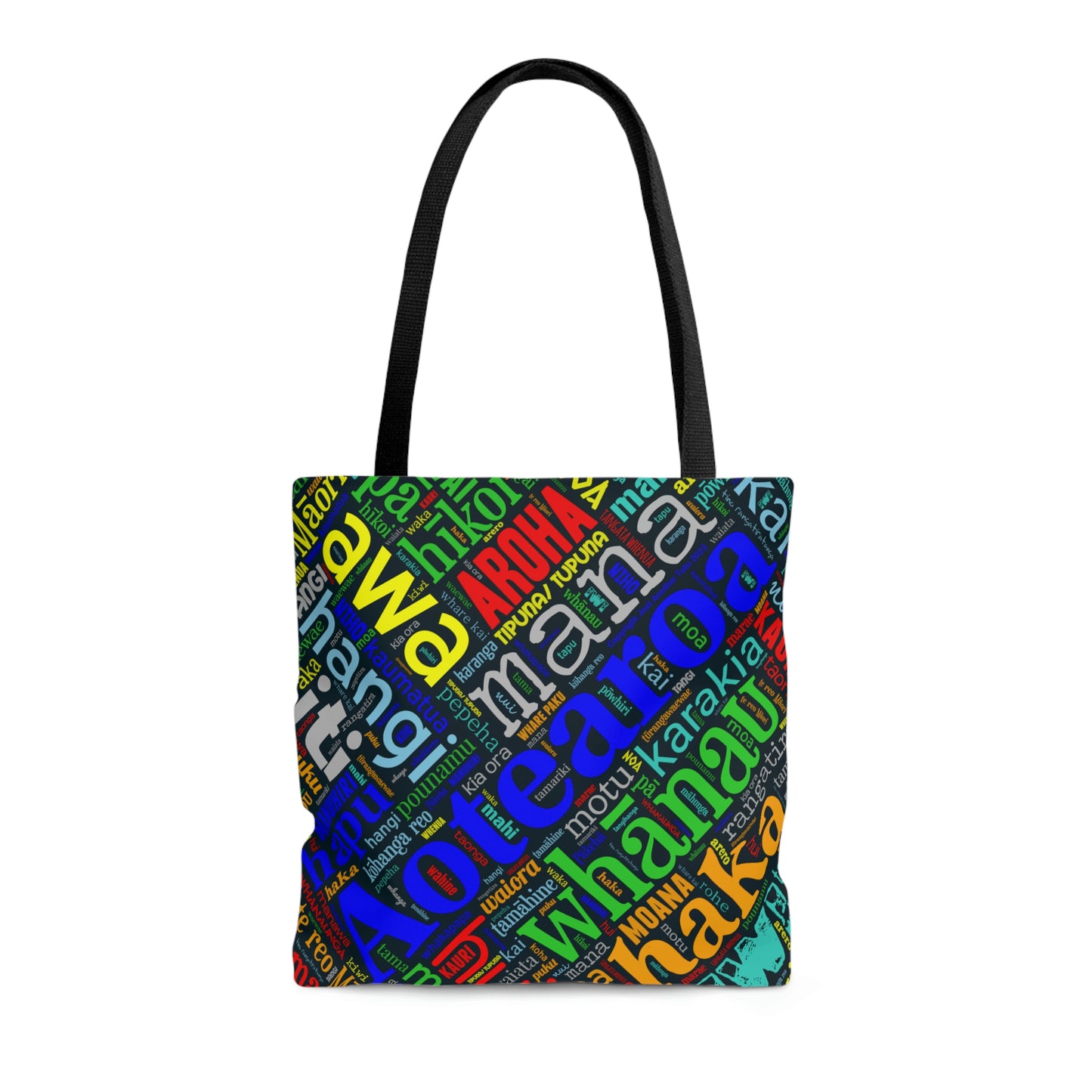 Rainbow Black Māori Word Art Tote Bag