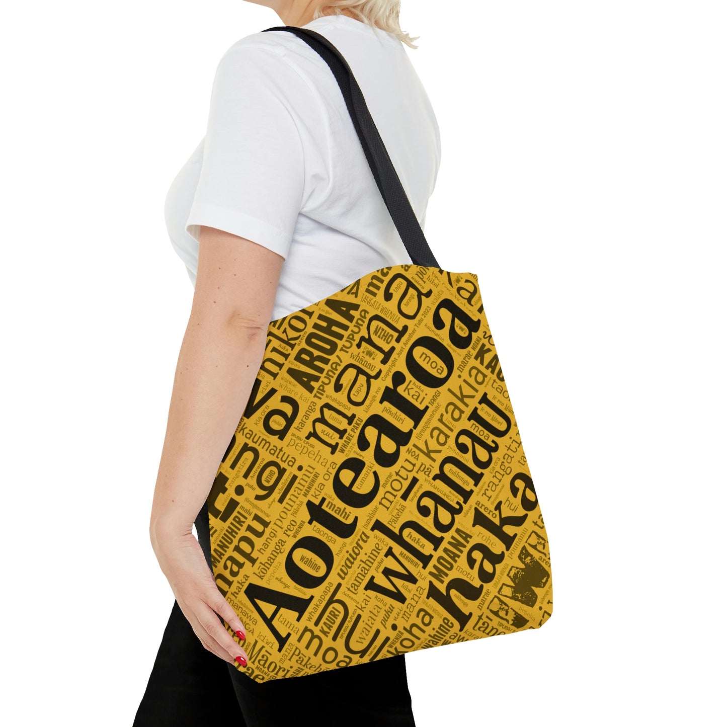 Yellow Māori Word Art Tote Bag