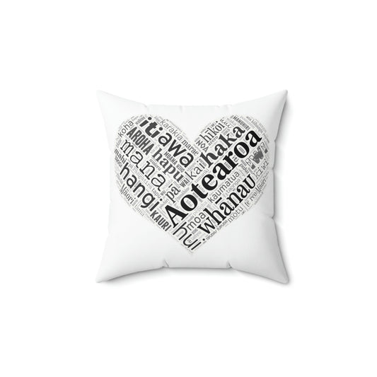 White Māori Word Art Heart Square Pillow