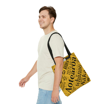 Yellow Māori Word Art Tote Bag