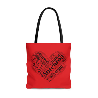 Red Māori Word Art Heart Tote Bag