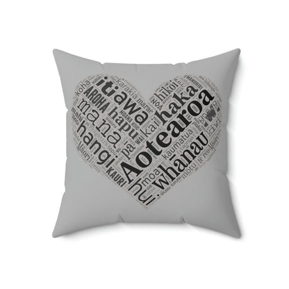 Grey Māori Word Art Heart Square Pillow