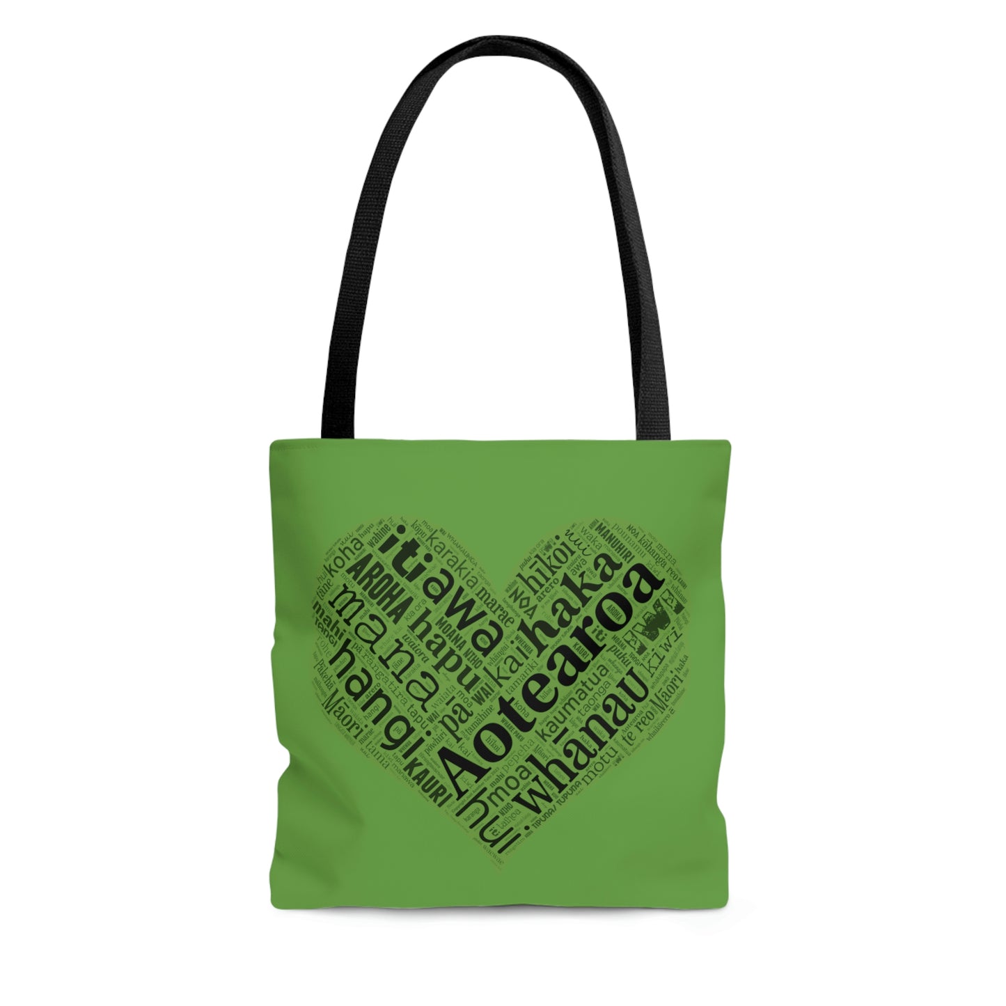 Green Māori Word Art Heart Tote Bag