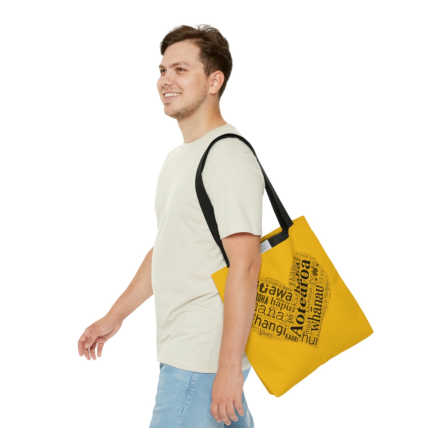 Yellow Māori Word Art Heart Tote Bag