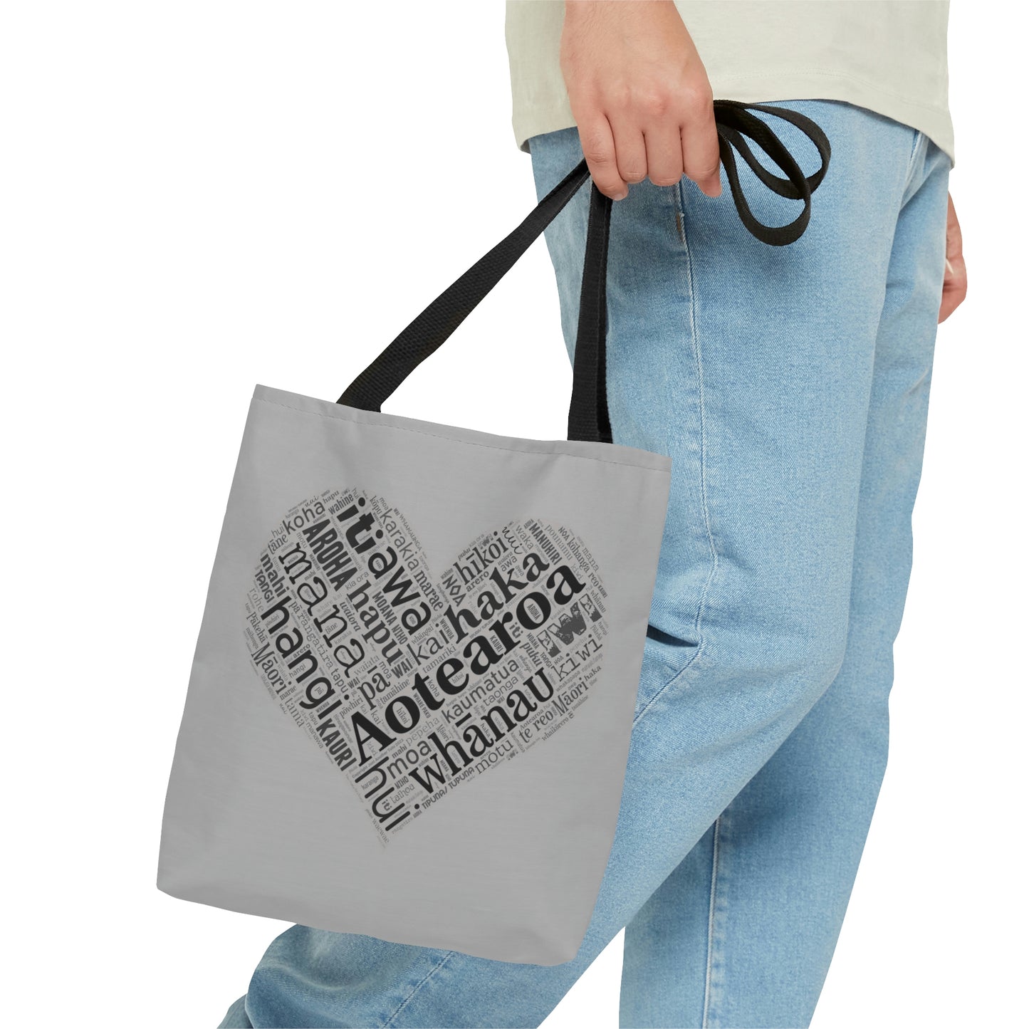 Grey Māori Word Art Heart Tote Bag