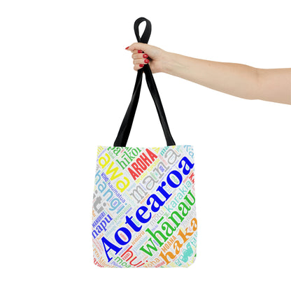 Rainbow White Māori Word Art Tote Bag