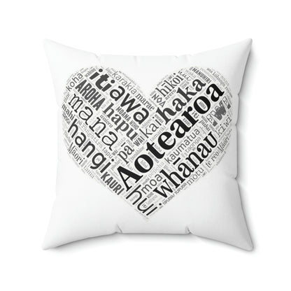 White Māori Word Art Heart Square Pillow